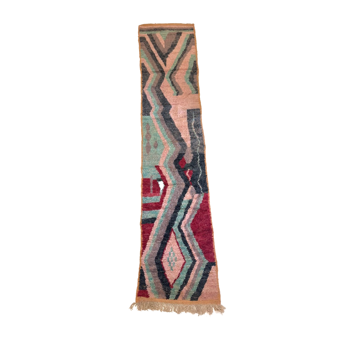 Abstract assymmetrical Moroccan runner rug with red and pink