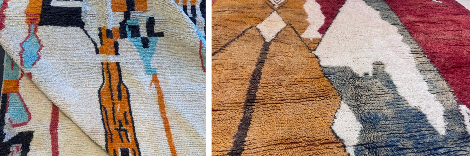 close ups of two different Moroccan rugs -- one in white, and the other in red, blue, and mustard yellow